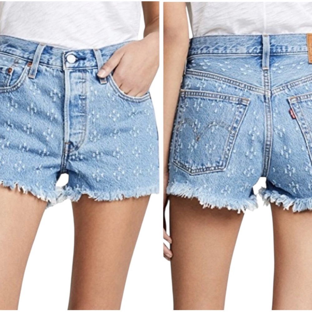 Levis 501 Button Fly High Rise Distressed Frayed Dottie Blues Denim Shorts 29